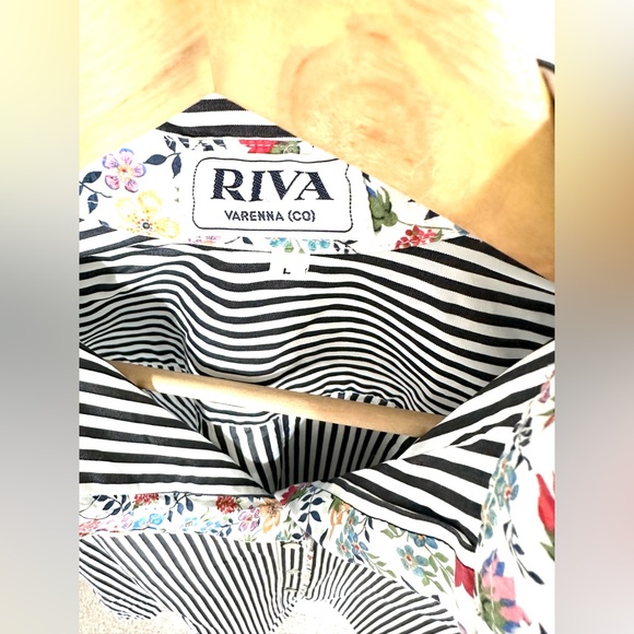 Riva Varenna Striped Black and White Button Down with Floral Accents Size Large - Picture 6 of 7